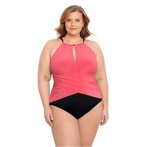 Bar Harbour draped high neck one piece swim suit black pink